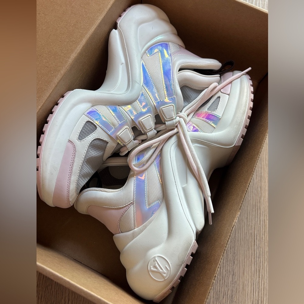 Louis Vuitton White and Pink Iridescent Platform Sneakers